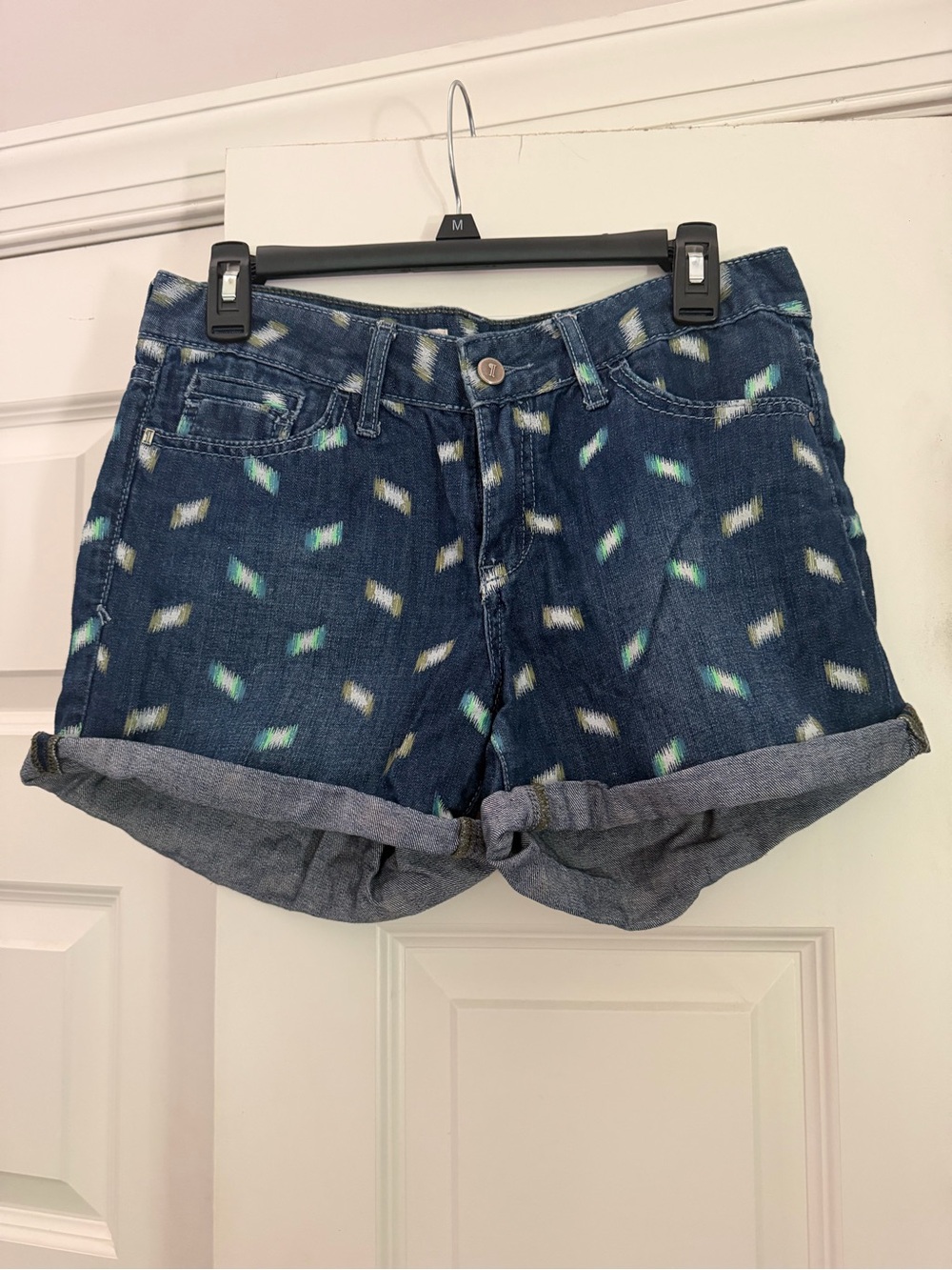 Pilcro Dark Blue Printed Denim Roll-Cuff Women's Shorts